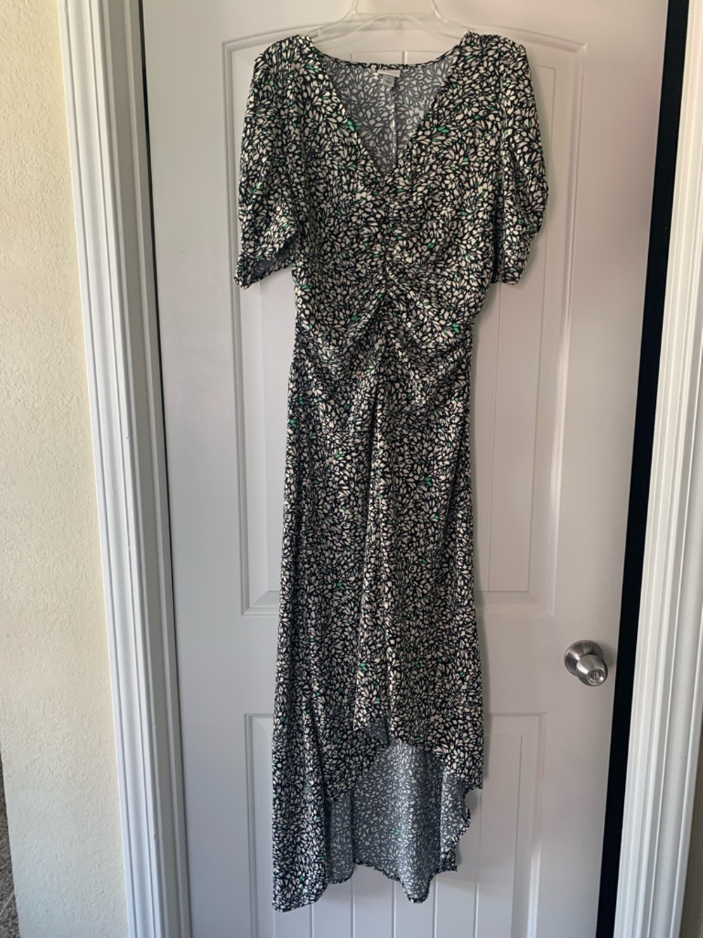 A New Day Women’s Black and Green Floral Ruched Short Sleeve High Low Maxi Dress